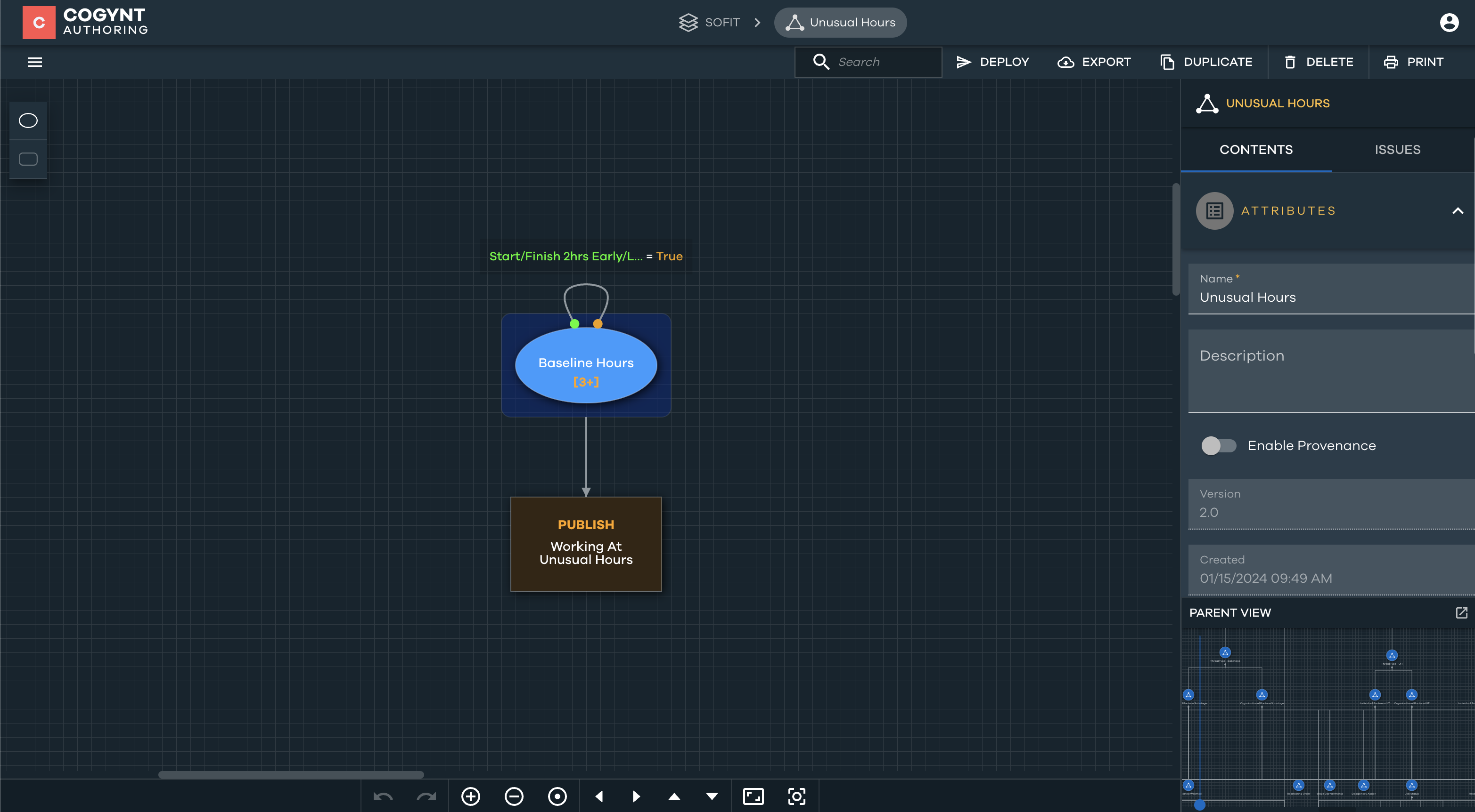 Determining unusual working hours in Cogynt.