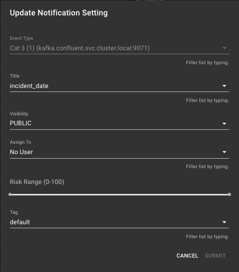 Grayed out fields in the Update Notification Setting screen indicate fields users cannot alter.